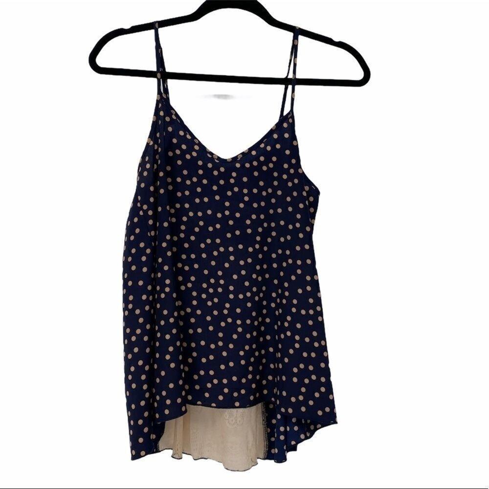 Daytrip Navy Blue Tan Polka Dot Lace‎ Back Tank Top